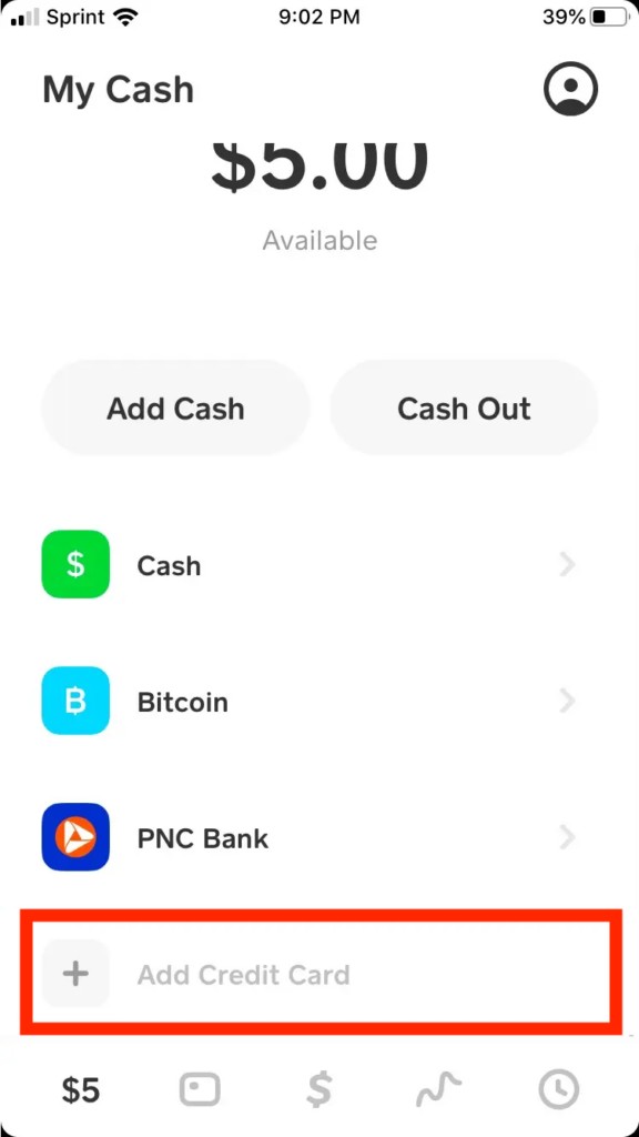 Screenshot of the dashboard in the Cash App app with the Add Credit Card button emphasized with a red box.