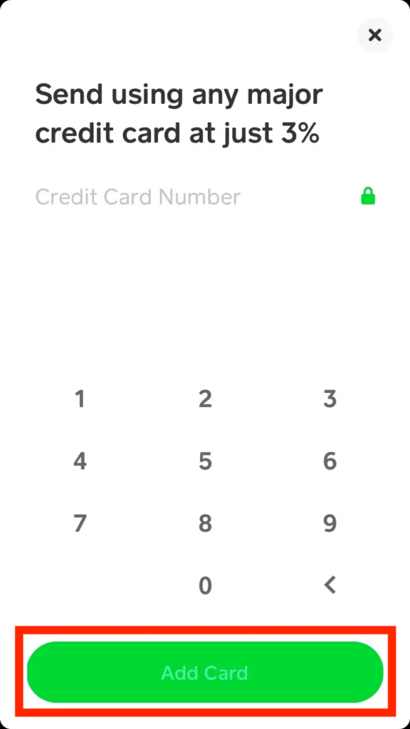 Screenshot of the dashboard in the Cash App app with the Add Card button emphasized with a red box.
