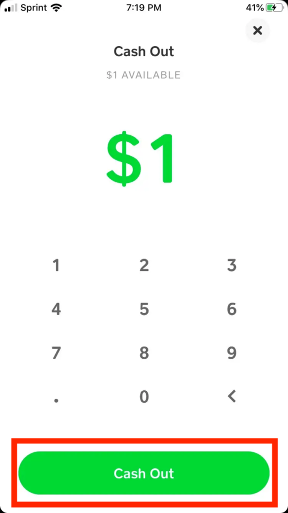 Screenshot from the Cash App app depicting the Cash Out button emphasized in a red box.