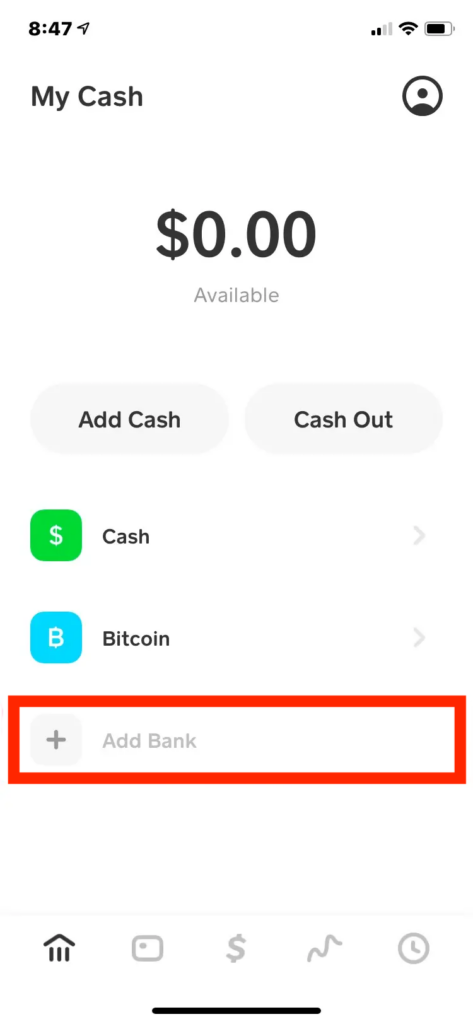 Screenshot of the dashboard in the Cash App app with the Add Bank button emphasized with a red box.
