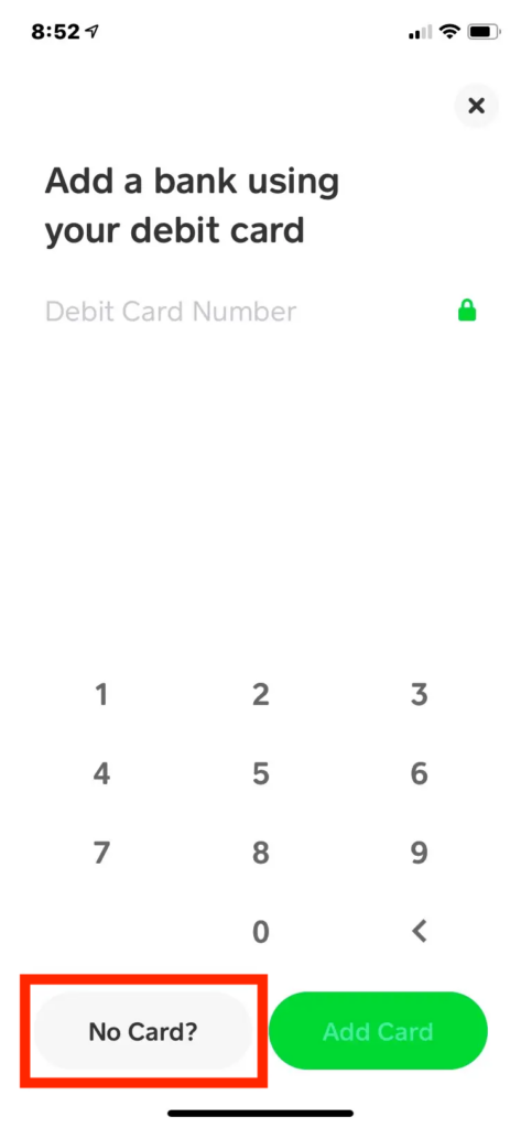 Screenshot of the dashboard in the Cash App app with the No Card button emphasized with a red box.
