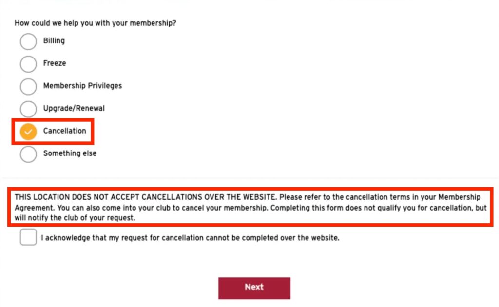 While it is possible to cancel a Crunch membership online, availability of this option is on a branch by branch basis and may not be available at a particular branch.