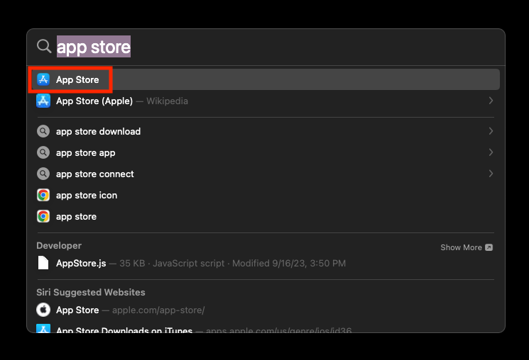 Image shows how to look up the App Store on Mac commputers. 