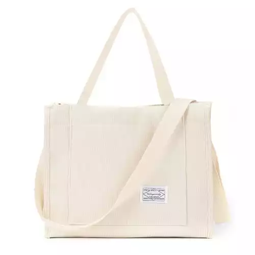Valleycomfy Vintage Casual Corduroy Tote Bags Crossbody Bag Purse for Women Travel Shoulder Bags Handbags Eco Bag,Beige,Large