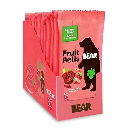 BEAR Real Fruit Snack Rolls - Gluten Free, Vegan, and Non-GMO - Strawberry – Healthy School And Lunch Snacks For Kids And Adults, 0.7 Ounce (Pack of 12)