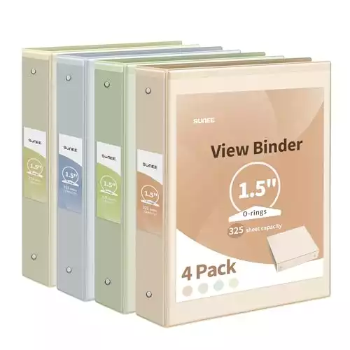 SUNEE 3 Ring Binder 1.5 Inch 4 Pack, Clear 1 1/2 Inch View Binder Three Ring PVC-Free (Fit 8.5x11 Inches) for School Binder or Office Binder Supplies, Neutral Pastel Binder