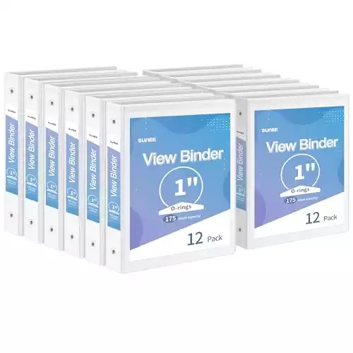SUNEE 3 Ring Binder 1 Inch 12 Pack, Clear View Binder Three Ring PVC-Free (Fit 8.5x11 Inches) for School Binder or Office Binder Supplies, White Binder