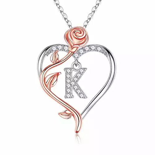 Valentines Day Gifts for Her - 925 Sterling Silver Rose Heart Initial K Letter Pendant Necklace Christmas Mothers Day Valentines Jewelry Gifts for Her Mom Wife Girlfriend Anniversary Birthday