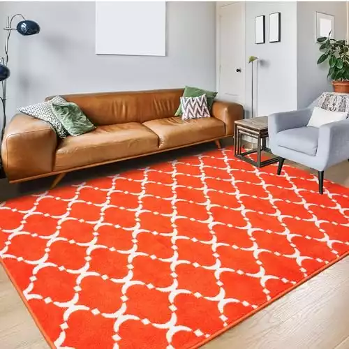 Comeet Modern Geometric Large Area Rug for Bedroom Living Room, 6'x9' Memory Foam Indoor Carpet, Washable Non-Slip Rug Room Decor for Boys, Girls, Kids and Adults, Orange/White