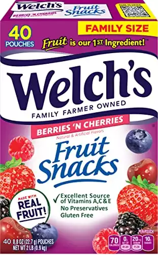 Welch's Fruit Snacks, Berries 'n Cherries, Great Valentines Day Gifts for Kids, Gluten Free, Bulk Pack, Individual Single Serve Bags, 0.8 oz (Pack of 40)