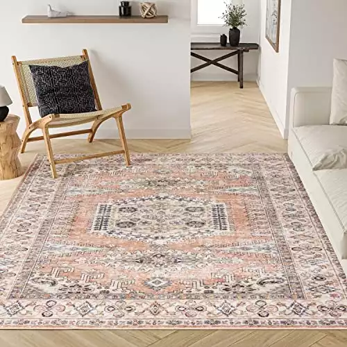 Valenrug Washable Rug 8x10 - Ultra-Thin Antique Collection Area Rug, Stain Resistant Rugs for Living Room Bedroom, Distressed Vintage Rug(Peach/Yellowish, 8'x10')