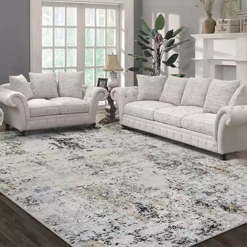 Area Rug Living Room Rugs: 5x7 Abstract Soft Fluffy Pile Large Carpet with Low Shaggy for Bedroom Dining Room Home Office Indoor Decor Under Kitchen Table Washable - Ivory/Beige