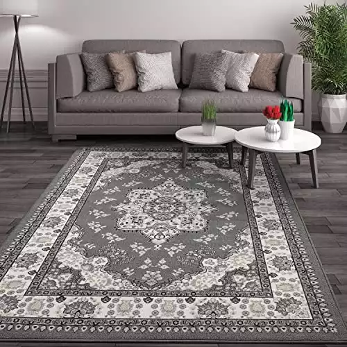 Antep Rugs Alfombras Oriental Traditional 8x10 Non-Skid (Non-Slip) Low Profile Pile Rubber Backing Indoor Area Rugs (Gray, 7'10" x 10')