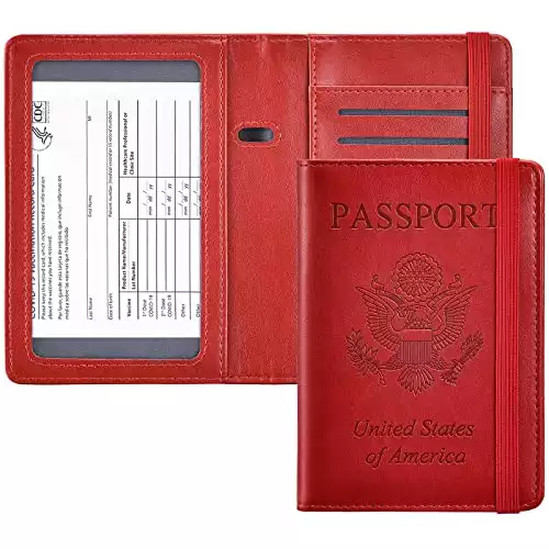 HerriaT Passport and Vaccine Card Holder Combo,Cover Case with CDC Vaccination Card Slot, Leather Travel Documents Organizer Protector, with RFID Blocking, for Women and Men