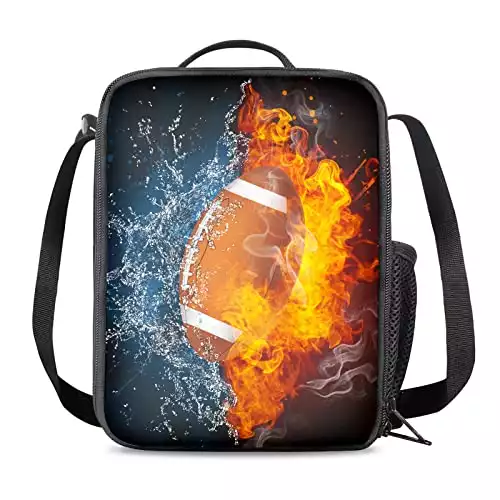 ZHXR Insulated Durable Lunch Box with Shoulder Strap, Teen Boys/Adult Ice Fire Football School Small Lunch Bag, Lunch Tote Box Bag for Office/School/Picnic/Beach