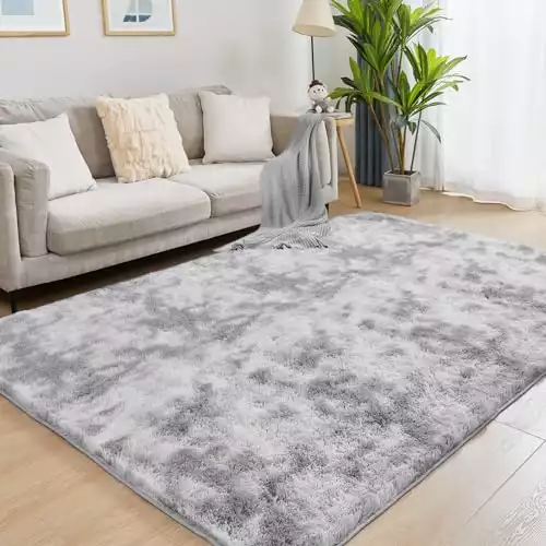Puremy Ultra Soft Area Rugs for Living Room, 5x7 Tie-Dyed Light Grey Fluffy Plush Rugs for Bedroom, Non-Slip Floor Carpet for Kids Room, Bedside, Playroom, Corridor, Indoor Decor