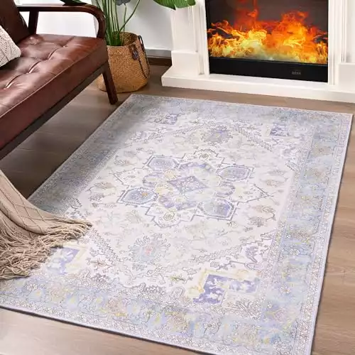 ST. BRIDGE Soft Area Rug 3x5, Washable Vintage Rug for Bedroom Kitchen Dining Room, Non-Slip Low Pile Entryway Rugs, Colorful Accent Rug Floor Carpet for Living Room Office Home Decor, Cream/Blue