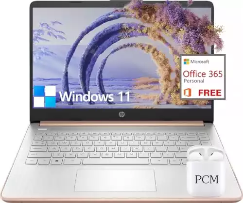 HP Newest Laptop Computer, 14” HD Light PC, Intel Quad-Core Celeron N4120, 8GB DDR4 RAM, 192GB Storage, 1-Year Office 365, Windows 11, Long Battery Life, Webcam, USB-C, Wi-Fi 5, HDMI, Rose Gold, PCM