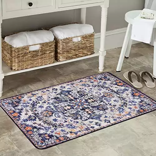 Lahome Bohemian Floral Medallion Area Rug - 2x3 Blue Small Kitchen Rug Machine Washable Front Door Rug, Soft Non Slip Indoor Floor Throw Carept for Bedroom Bathroom Mud Room Entry Way