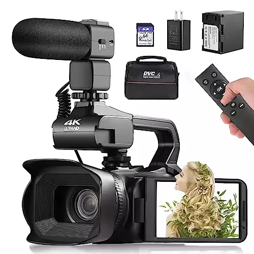 Lierhyt 4k Video Camera Camcorder with 18X Digital Zoom,64MP Vlogging Camera for YouTube,4.0-inch Rotating Touchscreen,64GB SD Card,Microphone,Remote Control,Durable Battery(Black)