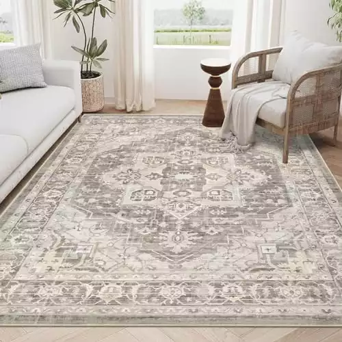 Pauwer Boho Area Rug 5x7, Large Washable Area Rugs for Living Room, Soft Vintage Bedroom Rug Carpet, Farmhouse Non Slip Low-Pile Throw Area Rugs for Dining Room Entryway Dorm, Natural Brown Sage