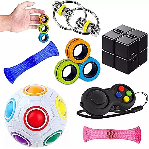 Sensory Fidget Toys Set 7 Pack. Stress Relief and Anti-Anxiety Tools Bundle Figette Toys with Fidget Pad, Infinity Cube, Magnetic Ring, Fidget Box Bulk Figit, Fidgeting Game for Kids Adults Kill Time