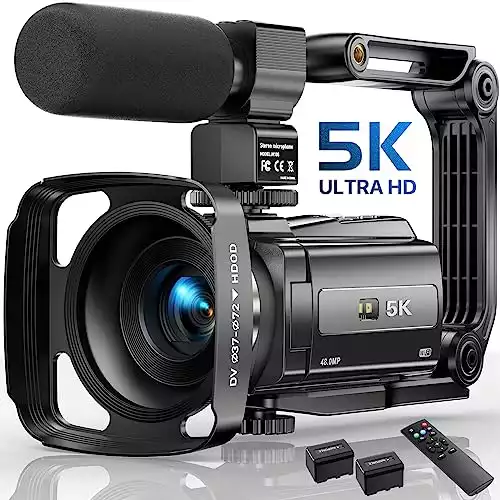 5K Video Camera Camcorder, 48MP UHD Wifi IR Night Vision Vlogging Camera for YouTube, 16X Digital Zoom Touch Screen Vlog Camera with External Microphone, Lens Hood, Stabilizer, Remote, 2 Batteries