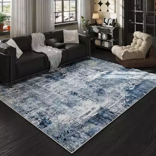 Rugcomf Area Rug 5x7 Washable Rug Boho Soft Abstract Pattern Non-Slip Non-Shedding Faux Wool Vintage Rug for Living Room, Bedroom Rug, Farmhouse, Dining Room, Indoor, Kids Playroom, Blue