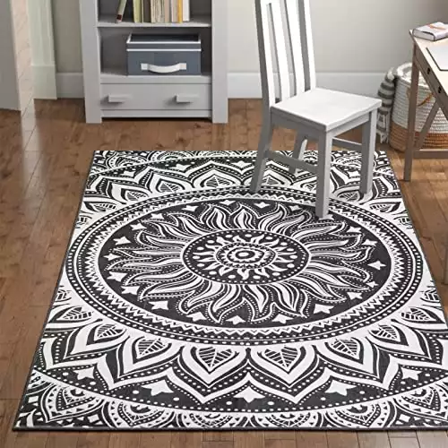 LEEVAN Modern Mandala Area Rug 3'x5',Flannel Washable Indoor Office Rug Non-Slip No-Shedding Bohemian Medallion Rectangle Accent Throw Rugs for Bedroom,Meditation,Living Room Rugs-Grey