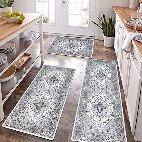Pauwer Boho Kitchen Rugs Sets of 3 Farmhouse Kitchen Runner Rugs and Mats Non Skid Washable Kitchen Mats for Floor Cushioned Waterproof Kitchen Floor Mat Laundry Room Area Rug Runner Carpet