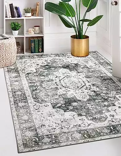 Moynesa Ultra-Thin Washable Area Rug - 5x7 Large Gray Rug for Living Room Vintage Rugs for Bedroom, Non Slip Non Shedding Pet Friendly Dining Room Mat Carpet for Department Office Kitchen