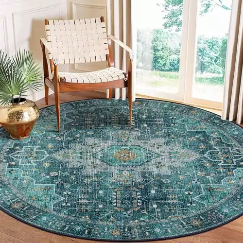 Moynesa Ultra-Thin Washable Round Rug - 6ft Teal Large Living Room Circle Area Rugs, Vintage Dining Room Mat Stain Resistant Nursery Carpet for Bedroom Mudroom Kitchen Apartment Home Office