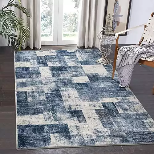 Area Rug Living Room Rugs: 3x5 Indoor Soft Small Low Pile Carpet Abstract Decor Large Washable for Bedroom Dining Room Under Kitchen Table Home Office - Blue/Ivory