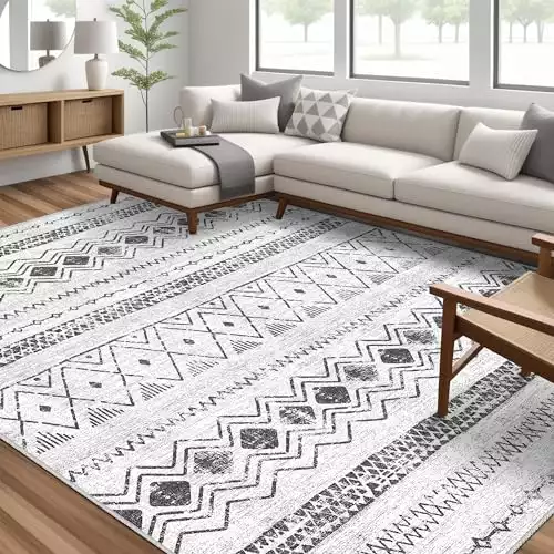Boho Moroccan Area Rug 8x10 - Large Indoor Geometric Neutral Rug for Living Room Bedroom Dining Table Modern Home Office - Soft & Machine Washable Foldable Farmhouse Carpet - Grey