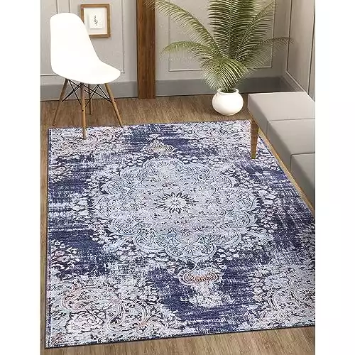 CAMILSON Machine Washable Area Rugs with Non Slip (Anti-Slip) Backing for Living Room Bedroom, Distressed Vintage Washable Rug 5x7, Stain and Water Resistant, Bohemian Indoor Carpet (5 x 7, Blue)