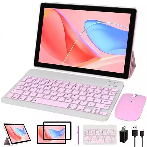 Tablet 10 Inch Android Tablets, 2 in 1 Tablet With Keyboard 64GB+4GB RAM 10.1" Tablets, 8MP Camera 6000mAh Battery, Include Keyboard/Mouse/ Case/ Stylus Pen/Tempered Film Wifi Tab Pink/Girl Table...