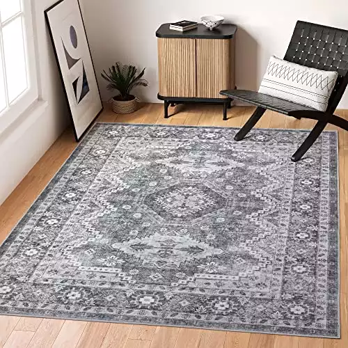 Rugland 8x10 Area Rugs - Stain Resistant Washable Rug, Anti Slip Backing Rugs for Living Room, Vintage Tribal Area Rugs(TPR07-Grey, 8'x10')