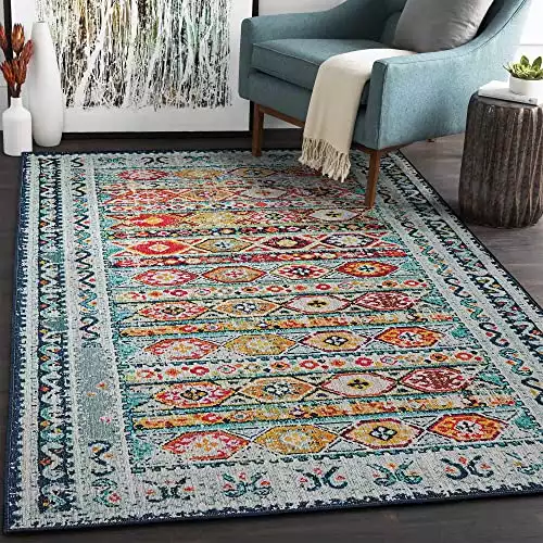 Wonnitar Bohemian Area Rug - Washable 3x5 Entry Rug Non-Slip Colorful Throw Rug,Boho Living Room Kitchen Mat Low-Pile Geometric Indoor Floor Carpet for Laundry Mudroom Dining Table