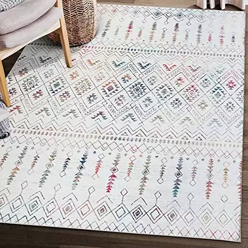ReaLife Machine Washable Area Rug - Living Room Bedroom Bathroom Kitchen Entryway Office - Non Slip Low Pile Stain Resistant Premium - Geometric Moroccan Tribal - Beau - Ivory Multi 5' x 7'
