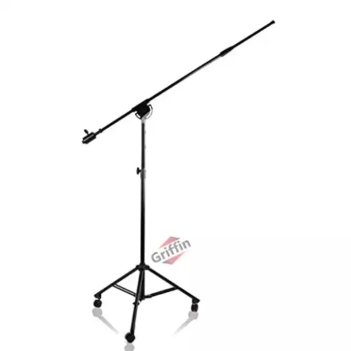 GRIFFIN Professional Studio Microphone Boom Stand with Casters | Extended Height Recording Mic Holder Tripod on Wheels | Tall Telescoping Arm Mount & Retractable Legs for Vocals, Choir, Overhead D...