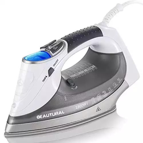 BEAUTURAL 1800-Watt Steam Iron with Digital LCD Screen, Double-Layer and Ceramic Coated Soleplate, 3-Way Auto-Off, 9 Preset Temperature and Steam Settings for Variable Fabric Gray