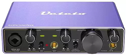 Ueteto 2i2 USB Audio Interface, Universal Audio Interface for PC, MAC/Music/Computer Recording and Podcasting with 48V Phantom Power
