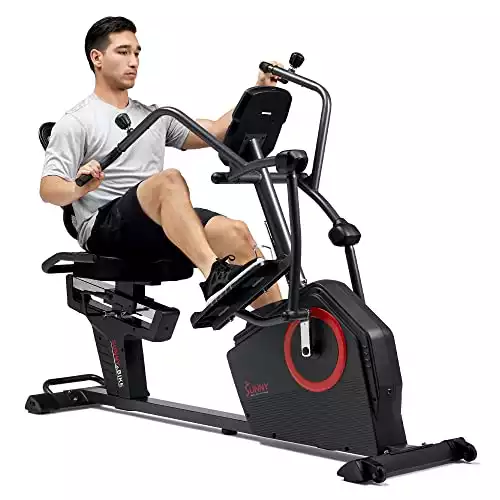 Sunny Health & Fitness Electromagnetic Recumbent Cross Trainer Exercise Elliptical Bike w/Arm Exercisers, Easy Access Seat & Exclusive SunnyFit® App Enhanced Bluetooth Connectivity - SF-RBE48...