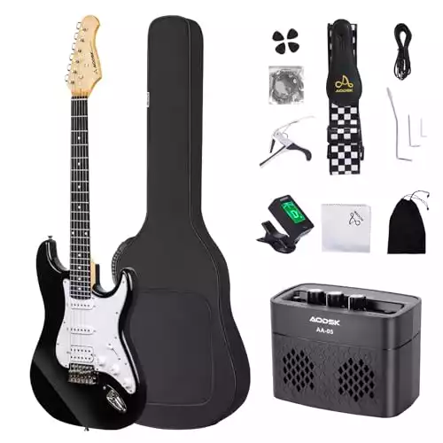 AODSK Electric Guitar with Amp Beginner Kit 39 Inch Solid Body Full Size,HSS Pick Up,All Accessories,Digital Tuner,Six Strings,Four Picks,Tremolo Bar,Strap,Gig Bag,Starter kit -Black