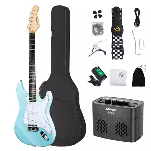 AODSK Electric Guitar with Amp Beginner Kit 39 Inch Solid Body Full Size,SSS Pick Up,All Accessories,Digital Tuner,Six Strings,Four Picks,Tremolo Bar,Strap,Gig Bag,Starter kit-Blue