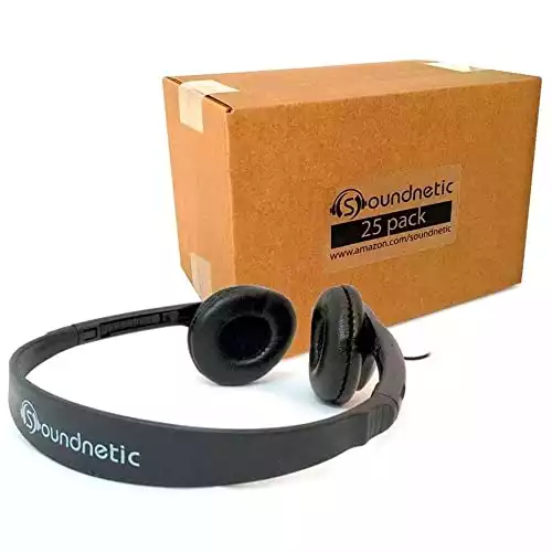 Soundnetic SN313 Classroom Over The Head Stereo Headphones with Leatherette Earpads, Black, Count of 25, Pack of 1