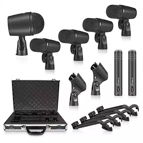 Phenyx Pro Drum Microphone Kit, Drum Mics 7-Pieces, Full Metal Wired Dynamic Drum Mic Set for Bass/Tom/Snare/Hi-hat Cymbals, with Carrying Case + Mic Holder + Thread Drum Mic Clip (PTD-10)