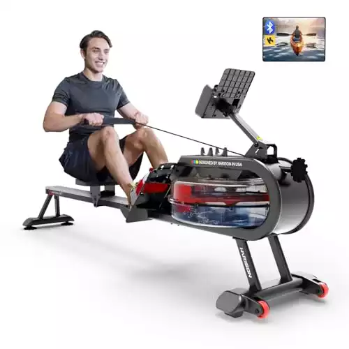 HARISON Bluetooth Water Rowing Machine for Home Use, Foldable Rower Machine for Home Workout with iPad Holder and Comfortable Seat, 350LBS Weight Capacity