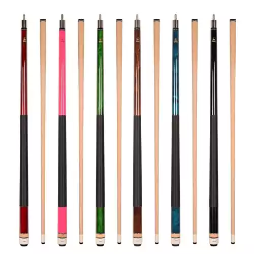 Set of Aska L2 Billiard Pool Cue Sticks, 58" Hard Rock Canadian Maple, 5/16x18 Joint, 13mm Hard Tip, Mixed Weights (Set of 6 Sticks (with Pink))