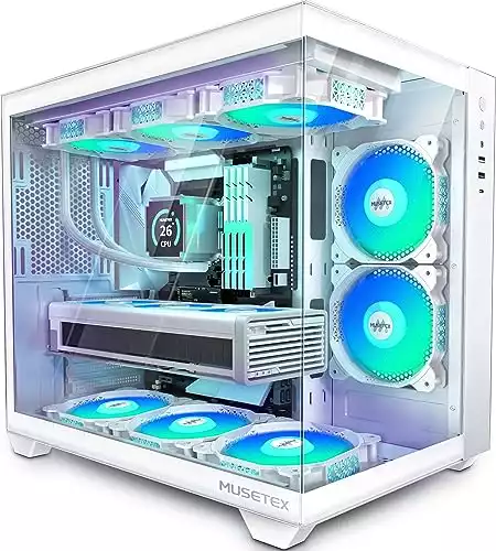 MUSETEX ATX PC Case,5 PWM ARGB Fans Pre-Installed,360MM RAD Support,Type-C Gaming 270° Full View Tempered Glass Mid Tower Pure White ATX Computer Case,Y6